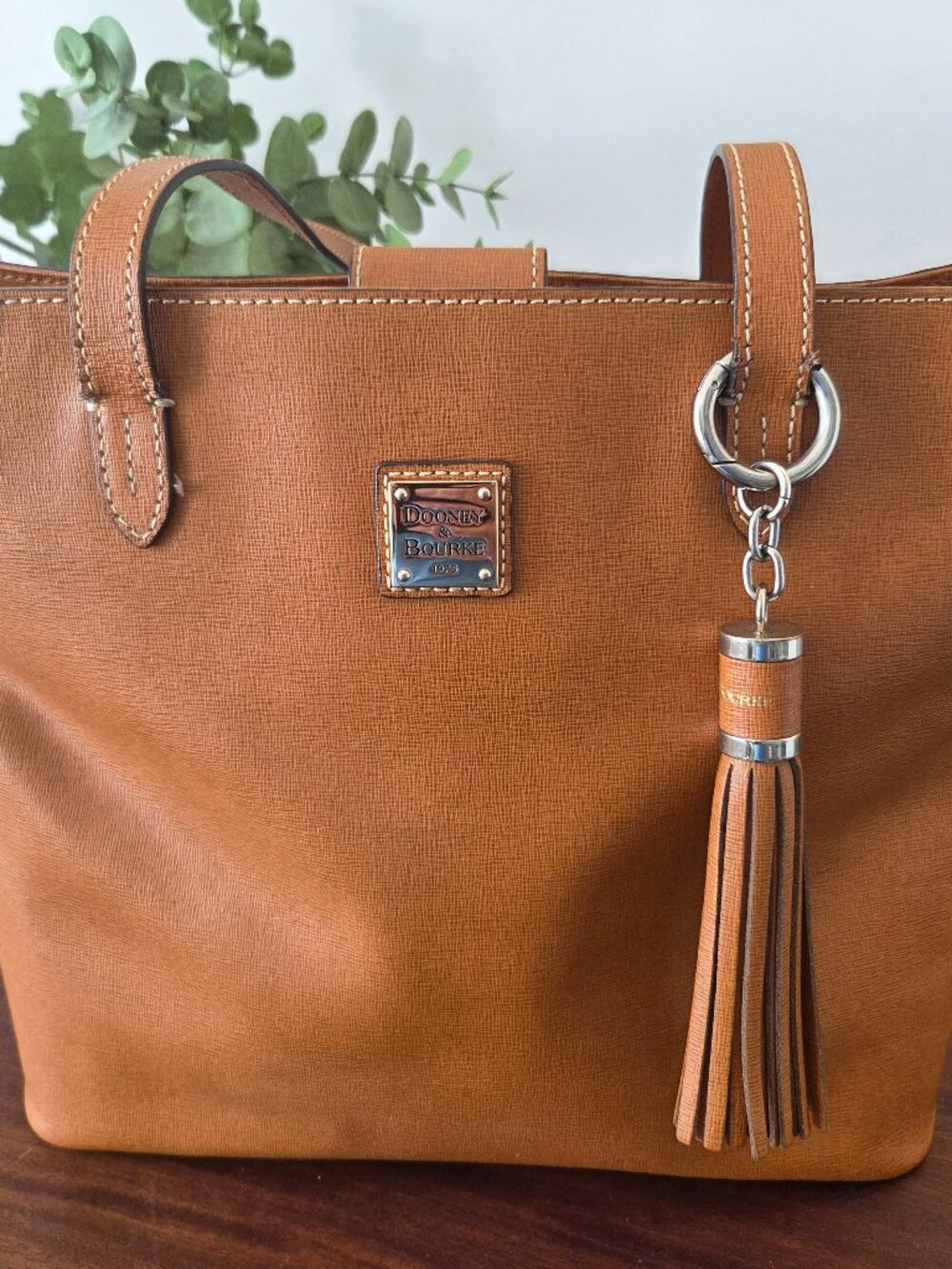 Dooney & Bourke Saffiano leather bag tan with gold hardware red interior